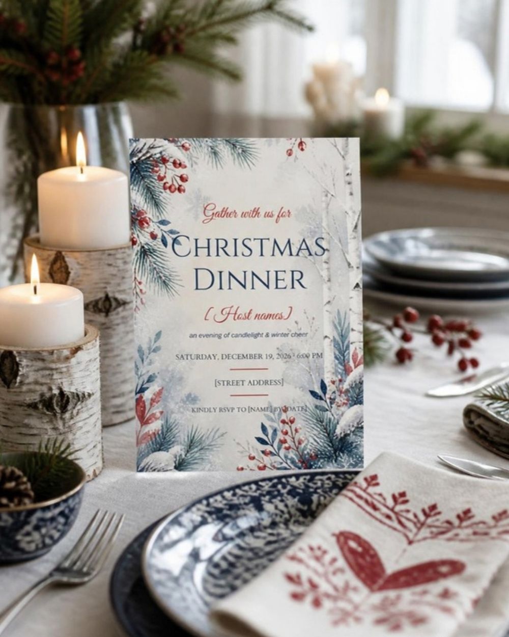 Christmas dinner table with birch candles, blue and white plates, red berries and a printed Christmas dinner invitation